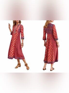 Soft Surroundings Red Phoenix Dress M Boho Beaded Embroidered Midi 3/4 Coastal